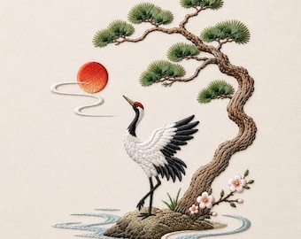 Japanese Crane Embroidery Design, Oriental Bonsai Tree Machine Embroidery Pattern, Zen Asian Art Decor, Sakura Crane Embroidery