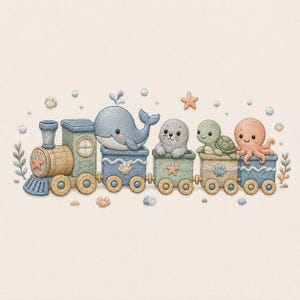 Peut inclure: Une illustration brodée d'un train avec une baleine bleue, un phoque gris, une tortue verte et une pieuvre rose dans les wagons. Le train est décoré d'étoiles de mer et de coquillages, entouré de petites bulles et d'algues.