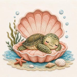 Puede incluir: Un diseño de bordado que muestra una pequeña tortuga marina verde durmiendo dentro de una gran concha marina de color rosa claro abierta. La escena incluye algas verdes, una estrella de mar roja, dos conchas pequeñas y burbujas azules.