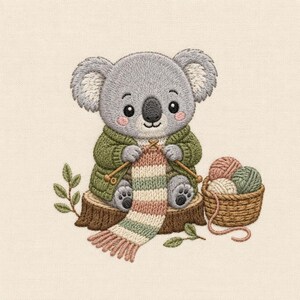 May include: An embroidery design of a grey koala wearing a green cardigan, sitting on a tree stump while knitting a striped scarf in shades of pink, green, and cream. Beside the koala is a small woven basket containing three balls of yarn.