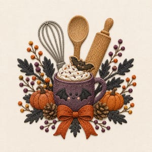 Puede incluir: Un diseño bordado que muestra una taza morada con cara y alas de murciélago, llena de crema batida y un adorno de murciélago. Detrás hay un batidor, una cuchara de madera y un rodillo, rodeados de calabazas naranjas, piñas y un lazo.
