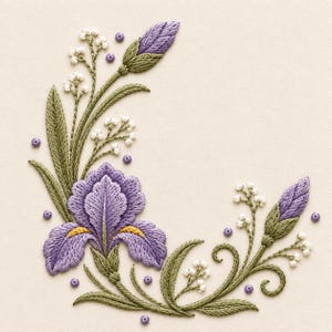 Könnte beinhalten: Ein Stickdesign mit einer großen violetten Irisblüte mit gelben Akzenten, zwei violetten Blütenknospen und zarten weißen Zweigen. Die Komposition umfasst grüne Stängel und Blätter, akzentuiert durch kleine violette Perlen auf hellem Stoff.