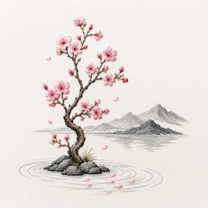 Può includere: Un ricamo su tessuto bianco raffigurante un albero marrone con fiori di ciliegio rosa che cresce da un gruppo di rocce grigie. Sotto le rocce ci sono increspature circolari nell'acqua e in lontananza montagne grigie con riflessi.