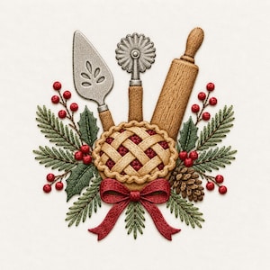 Könnte beinhalten: Ein Stickmotiv mit einem Gitterkuchen, einem silbernen Tortenheber, einem Teigrad und einem hölzernen Nudelholz. Das Arrangement ist umgeben von grünen Tannennadeln, Stechpalmenblättern, roten Beeren, einem Tannenzapfen und einer roten Stoffschleife.