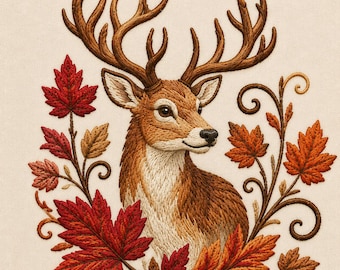 Autumn Deer Embroidery Design, Majestic Stag with Fall Leaves Machine Embroidery File, Woodland Wildlife Pattern