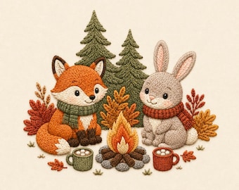 Woodland Campfire Embroidery Design, Cute Fox & Bunny Autumn Embroidery File, Cozy Forest Friends Machine Embroidery Pattern