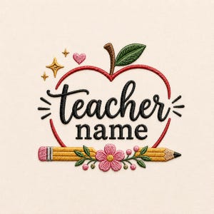 以下が含まれることがあります： 赤いリンゴの輪郭と黒いスクリプトで「Teacher」という言葉が特徴の、教師をテーマにしたデザイン。 「name」という単語は太字で下にあります。 ピンクの消しゴムと花の配置が付いた黄色の鉛筆が一番下にあります。 金色の星とピンクのハートも含まれています。