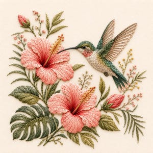 May include: A detailed embroidery piece featuring a hummingbird with green and white plumage hovering near two large, textured pink hibiscus flowers, surrounded by green leaves, small buds, and delicate stems on a light cream fabric background.