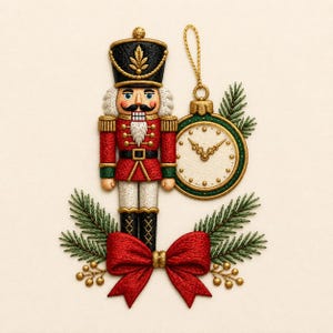 Può includere: Un ornamento ricamato a forma di schiaccianoci in uniforme rossa, nera e oro accanto a un ornamento a forma di orologio rotondo con bordo verde. Il design include aghi di pino verdi, piccole bacche dorate e un grande fiocco rosso alla base.