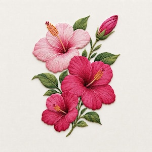 Pode incluir: Bordado de flores de hibisco em tons de rosa e vermelho com folhas e caules verdes. A imagem mostra três flores abertas e um botão, todas com costuras detalhadas. As flores têm estames amarelos, sobre um fundo branco.