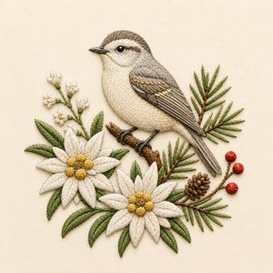 May include: An intricate embroidery piece featuring a small grey and white bird perched on a branch. The bird is surrounded by white edelweiss flowers with yellow centers, green pine needles, a small brown pinecone, and three red berries.