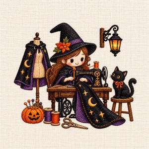 May include: An embroidered illustration of a witch wearing a pointed hat, sewing a black cape with gold moon and star motifs on a sewing machine. Includes a dress form, a pumpkin pincushion, spools of thread, scissors, a black cat, and a wall lamp.