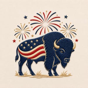 May include: Embroidered image of a bison with a blue body and the American flag design on its side. Red, white, and blue fireworks and stars are in the background. The bison has tan horns and is standing on a patch of grass.