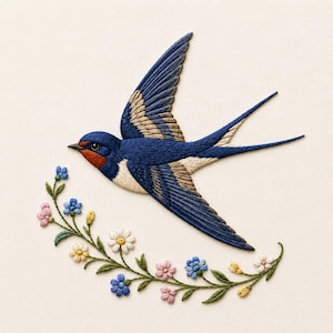 Diseño de bordado de golondrina, patrón de bordado a máquina de golondrina azul con flores silvestres, motivo de aves de la naturaleza primaveral.