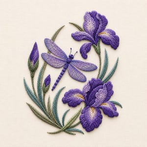 Puede incluir: Un diseño de bordado detallado que presenta una libélula morada con alas intrincadas, situada entre dos flores de iris moradas en flor y dos capullos cerrados, todo acentuado con tallos y hojas puntiagudas de color verde salvia.