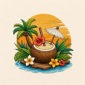May include: Embroidered tropical scene featuring a coconut drink with a red and blue striped straw, a red hibiscus flower, and a miniature parasol. A palm tree, flowers, and a setting sun complete the island theme.