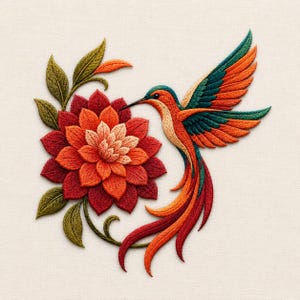 May include: An embroidery design featuring a vibrant hummingbird with orange, teal, and green plumage hovering near a large, multi-layered flower with petals transitioning from deep red to bright orange, surrounded by several green leaves.