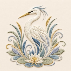 Peut inclure: Une broderie complexe représentant un héron blanc entouré de feuillage stylisé et d'une fleur de lotus centrale. L'œuvre utilise une palette de fils crème, bleu doux, vert sauge et doré pour créer des textures et des motifs détaillés.