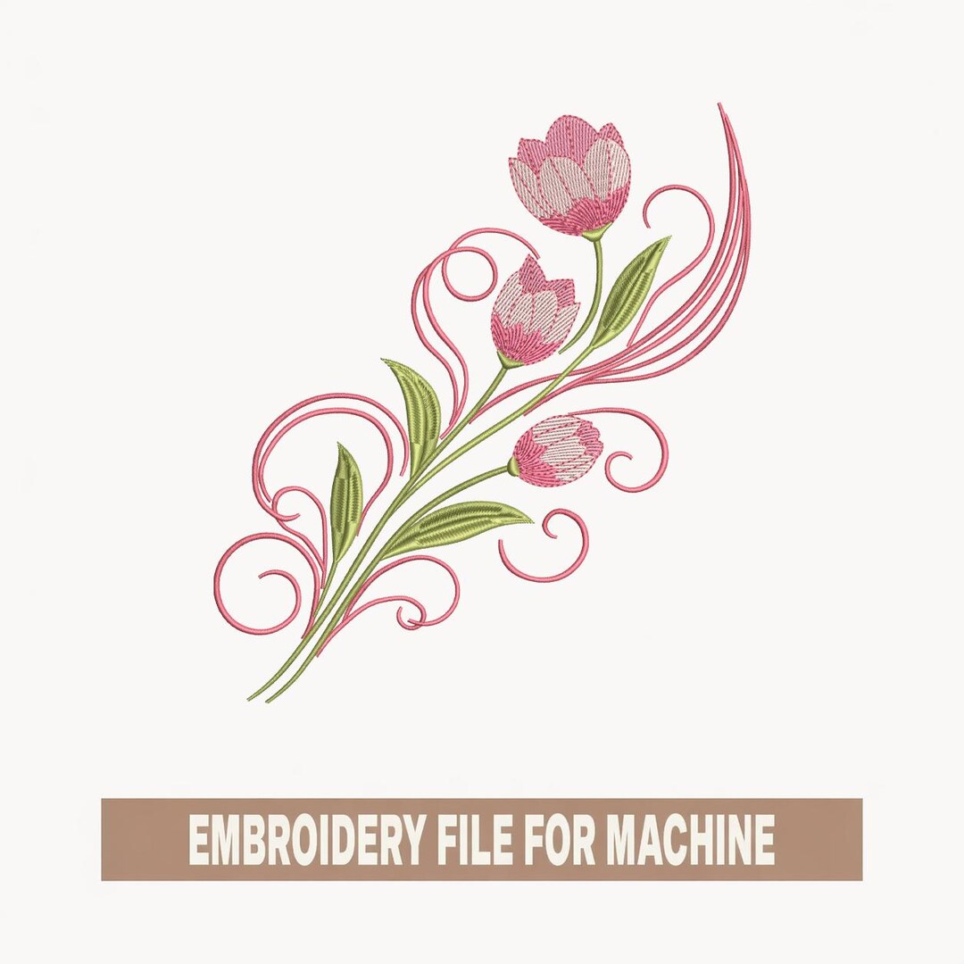 Pink Tulip Embroidery Design, Floral Swirl Flower Embroidery Pattern ...