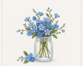 Forget Me Not Flowers Embroidery Design, Blue Floral Mason Jar Embroidery, Wildflower Jar Machine Embroidery, Cottage Garden Floral