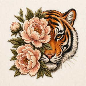 Könnte beinhalten: Ein gestickter Aufnäher, der die rechte Seite eines Tigergesichts mit orangefarbenem, schwarzem und weißem Fell zeigt, neben zwei großen, geschichteten blassrosa Pfingstrosenblüten und einer kleinen Knospe, umgeben von detaillierten dunkelgrünen Blättern.