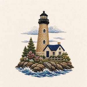 May include: A detailed embroidery piece depicting a tan lighthouse with a black lantern room, situated on a rocky cliffside. A small house with a blue roof sits beside it, surrounded by green trees, pink flowers, and blue ocean waves below.