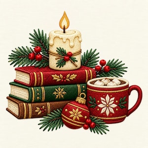 Christmas Book Stack Embroidery Design, Holiday Candle Cocoa Mug and Ornament, Cozy Winter Machine Embroidery Pattern