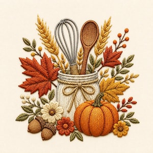 Può includere: Un ricamo raffigurante un barattolo bianco contenente una frusta in metallo e un cucchiaio di legno, circondato da foglie d'acero arancioni, spighe di grano gialle, una zucca arancione, due ghiande marroni e piccoli fiori bianchi e arancioni.