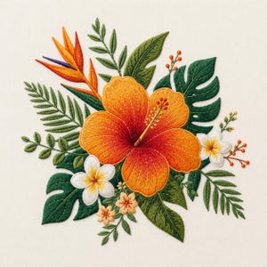 May include: A vibrant embroidery design featuring a large central orange hibiscus flower, a bird of paradise, two white plumeria blossoms, and small peach flowers. The arrangement is surrounded by various green tropical leaves and orange berries.