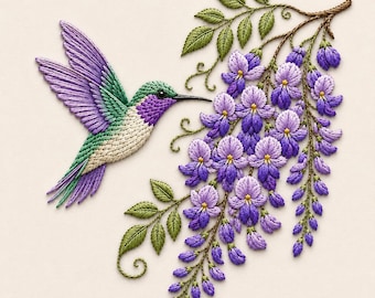 Hummingbird and Wisteria Embroidery Design, Purple Floral Bird Embroidery Pattern, Spring Garden Decor