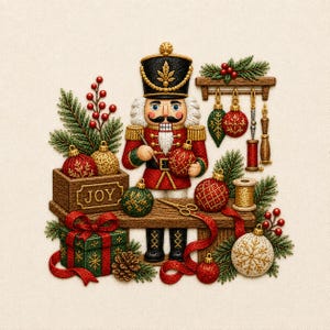 Può includere: Un ricamo raffigurante uno schiaccianoci in uniforme rossa con cappello nero e oro, che tiene in mano una pallina rossa. La scena include una cassetta di legno con la scritta JOY, rami di pino, bacche rosse, decorazioni e un pacco regalo.
