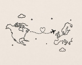 Travel Map Embroidery Design, Airplane Flight Path Embroidery File, Long Distance Relationship Machine Embroidery Pattern