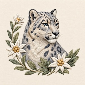 Può includere: Un ritratto ricamato di un leopardo delle nevi con occhi azzurri, circondato da una disposizione curva di fiori di stella alpina bianchi con centri gialli e foglie verdi, su uno sfondo di tessuto color bianco sporco.