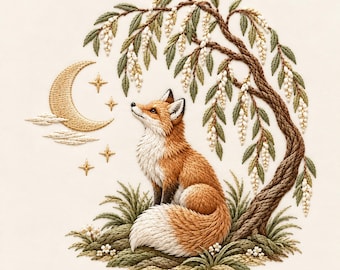 May include: An intricate embroidery piece featuring a red fox sitting under a weeping willow tree with white blossoms. The scene includes a golden crescent moon, small four-pointed stars, and textured green grass on a plain off-white background.
