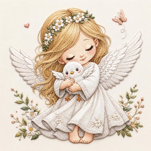 Può includere: Un'illustrazione ricamata di un angelo biondo con gli occhi chiusi, che indossa un abito bianco e una corona di fiori, mentre tiene in mano un piccolo uccellino bianco. L'angelo ha grandi ali bianche e la scena è decorata con piccoli fiori, foglie e una farfalla.