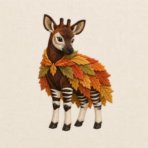 May include: An embroidered patch featuring an okapi with a dark brown head and neck, and white and black striped legs. The okapi is draped in a layered mantle of embroidered autumn leaves in shades of orange, yellow, red, and olive green.