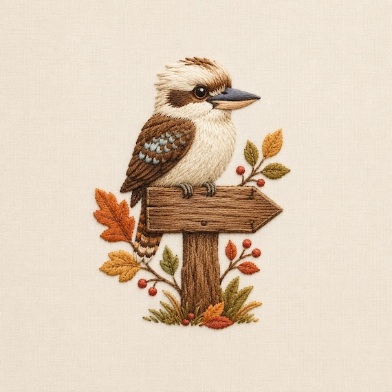 Kookaburra Embroidery Design, Autumn Australian Bird Machine Embroidery File, Wooden Sign Woodland Sweatshirt Design, Digital File