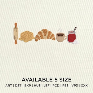 May include: An embroidered design featuring a rolling pin, butter, a croissant, a cup of coffee, and a jar of jam. The text "AVAILABLE 5 SIZE" is at the bottom. The design is in shades of brown, beige, and red.