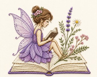 Fairy Reading Book Embroidery Design, Lavender Fairy Embroidery File, Fantasy Floral Machine Embroidery Pattern, Book Lover Art
