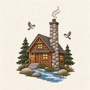 Puede incluir: Un bordado que muestra una cabaña de madera marrón con una chimenea de piedra alta, humo ascendente y ventanas amarillas brillantes. Dos pájaros pequeños vuelan cerca, flanqueados por pinos verdes, rocas grises y un arroyo azul sobre tela clara.