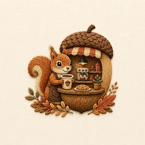 Acorn Cafe Squirrel Embroidery Design, Cute Woodland Squirrel Machine Embroidery Pattern, Cozy Autumn Animal Embroidery File