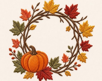 Autumn Pumpkin Wreath Embroidery Design, Fall Leaf Wreath, Rustic Harvest Decor, Thanksgiving Machine Embroidery File