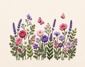 Wildflower Embroidery Design, Floral Border Machine Embroidery File, Lavender Flower Garden Embroidery Pattern, Butterfly Floral Art