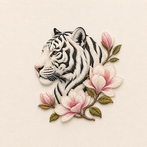 Puede incluir: Un parche bordado que muestra el perfil de un tigre blanco con rayas negras, mirando hacia la izquierda. El tigre está rodeado por tres flores de magnolia con pétalos blancos y rosados, junto con hojas verdes sobre un tallo marrón, en un fondo crema.