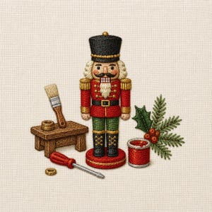 Può includere: Un ricamo raffigurante uno schiaccianoci in uniforme rossa, verde e nera, in piedi accanto a un piccolo sgabello di legno, un pennello, un cacciavite rosso, un barattolo di vernice rosso e un rametto di agrifoglio verde con bacche rosse.