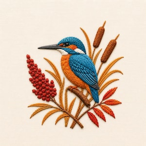 May include: An embroidery design featuring a vibrant blue and orange kingfisher perched on a branch. The bird is surrounded by brown cattails, golden-yellow grasses, a cluster of small red berries, and orange-red leaves on a plain fabric background.