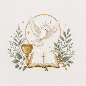 Może przedstawiać: Haftowany wzór religijny przedstawiający białego gołębia, złoty kielich, otwartą księgę z krzyżem i różaniec. Wzór otoczony jest gałązkami oliwnymi i małymi białymi kwiatami, wszystko w szczegółowym, eleganckim stylu.