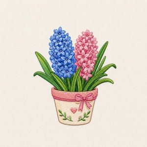 May include: Embroidered image of a potted hyacinth plant. The plant features two flower spikes, one blue and one pink, surrounded by green leaves. The pot is beige with a pink rim and a bow, decorated with a heart and floral accents.