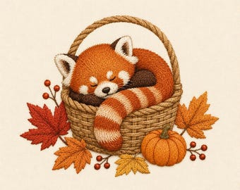 Sleeping Red Panda Embroidery Design, Cute Autumn Red Panda in Basket Embroidery File, Fall Animal Machine Embroidery Pattern