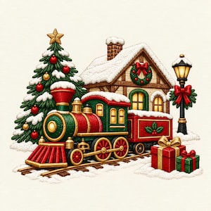 Puede incluir: Una escena festiva con un tren de vapor rojo y verde sobre vías, una casa nevada con una corona, un árbol de Navidad decorado con adornos rojos y dorados, una farola negra y dos cajas de regalo envueltas con lazos dorados sobre la nieve.